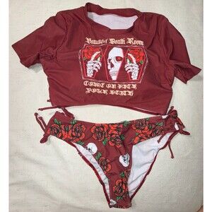 Skull & Red Roses Print Black & Red 2 Piece Set Bikini Set Size Large NEW IN BAG
